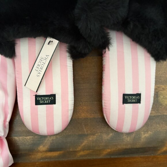 Victoria's Secret Sating Slippers Faux Fur Striped Pink White Black Large (9-10) - Picture 4 of 7